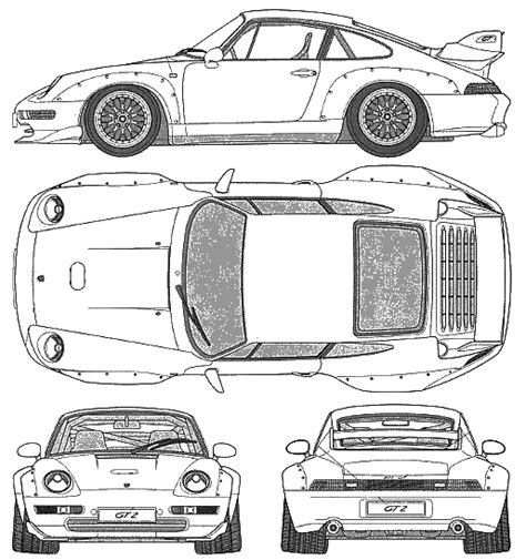 1997 Porsche 911 (993) GT2 Coupe blueprints free - Outlines