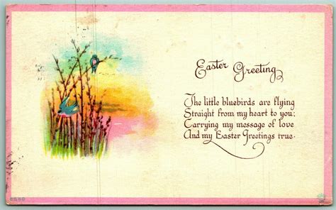 Easter Greetings Poem Pussy Willows Blue Birds Unp Db Postcard G Other Unsorted Postcard
