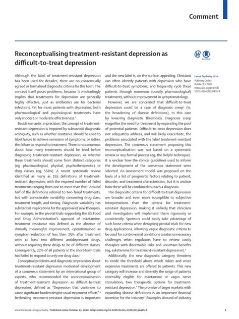 Reconceptualising Treatment Resistant Depression As Difficult To Treat