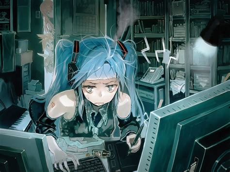 Anime Girls Vocaloid Hatsune Miku Indoors Long Hair Bangs Blue