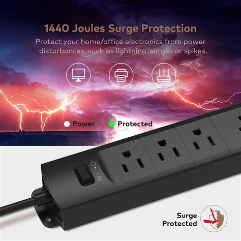 Power Strip Surge Protector USB TROND Flat Plug 6ft Long Extension