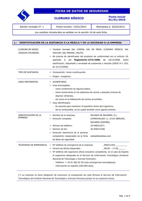 ficha de datos de seguridad cloruro sódico