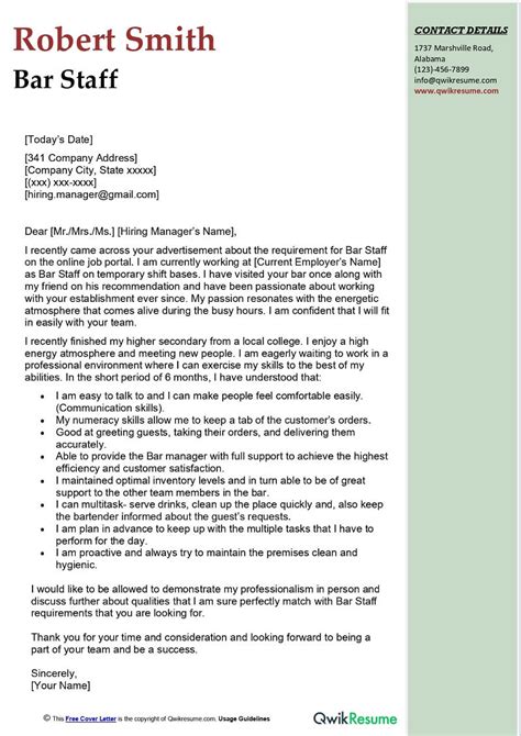 Bar Staff Cover Letter Examples Qwikresume