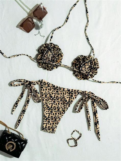 Women S Cheetah Leopard Print Sexy Halter Hollow Out Tied Micro Bikini SHEIN UK