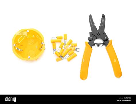 Different Electrical Tools On White Background Top View Stock Photo