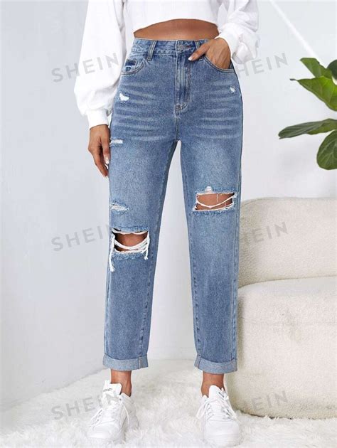 Shein Ezwear Jean Mom D Chir Taille Haute Mode En Ligne Shein France