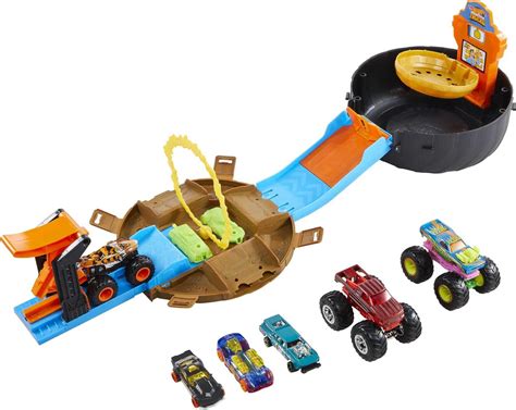 Amazon Hot Wheels Toy Monster Trucks Playset Tire Shaped Case Transforms Into Race Course