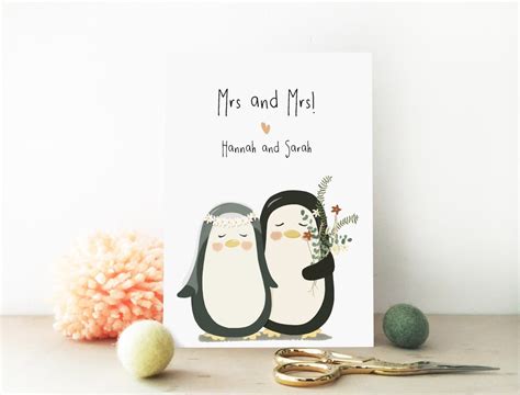 Same Sex Lesbian Wedding Card Personalised Penguin Wedding Card Gay Mrs And Mrs Card Eco