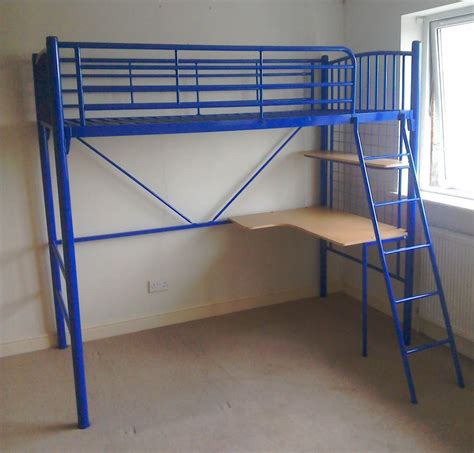 Blue Metal High Sleeper Bed With Desk And Shelf Underneath In