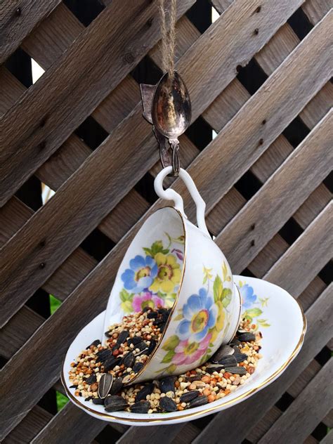Floral Teacup Bird Feeder With Quebec Souvenir Spoon Tea Cup Bird
