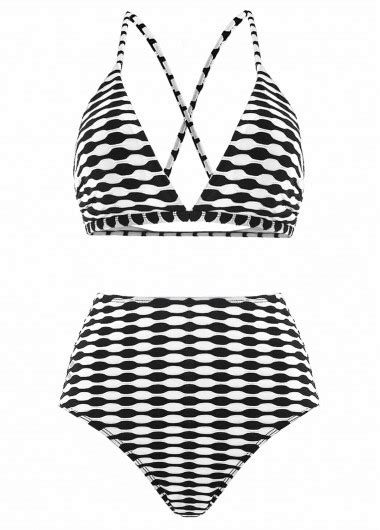 Three Piece High Waisted Geometric Print Black Bikini Set Modlily Usd