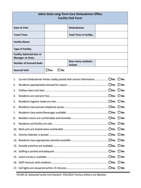 Idaho State Long Term Care Ombudsman Office Facility Visit Form Aaani