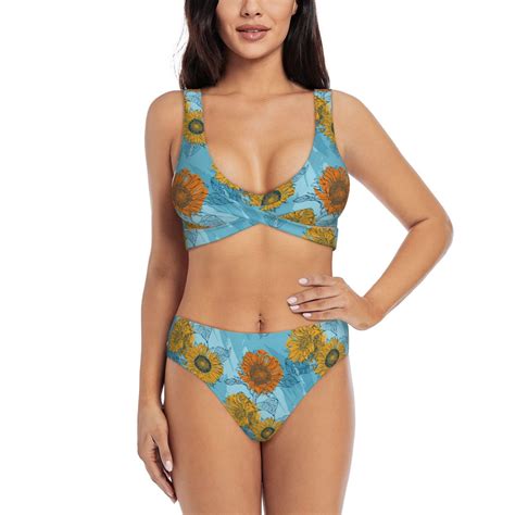 Bathing Suit For Women Sunflowers Orange Yellow High Waisted Bikini