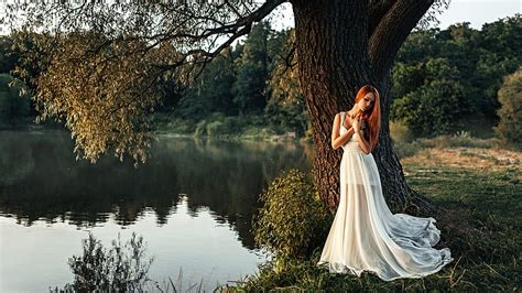 Girl Standing Alone Near Tree Girls Tree Alone White Model Dress