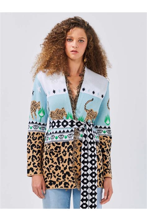 Hayley Menzies Leopardess Cotton Jacquard Cardigan Ice Blue