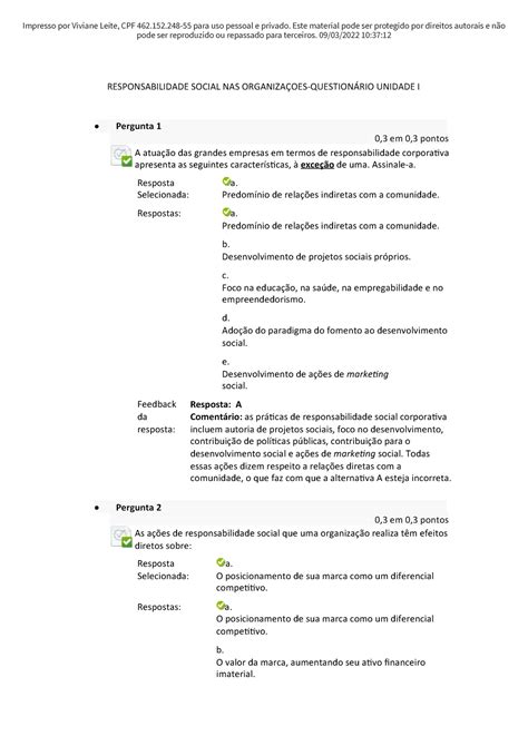 Responsabilidade Social Nas Organiza Oes Question Rio Unidade I Passei