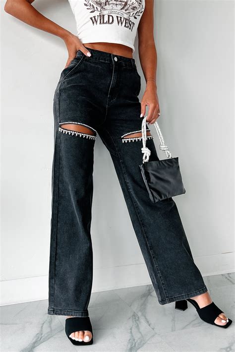 Blowing Your Mind Slit-Front Wide Leg Rhinestone Jeans (Black) · NanaMacs