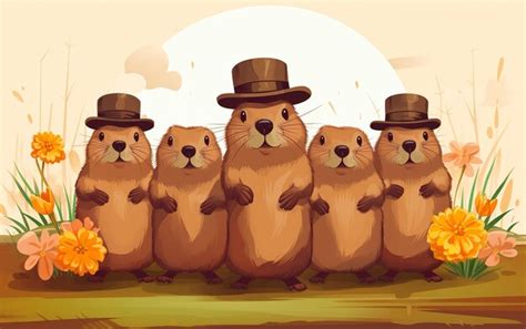 Premium Photo Happy Groundhog Day Card With Four Cute Groundhogs