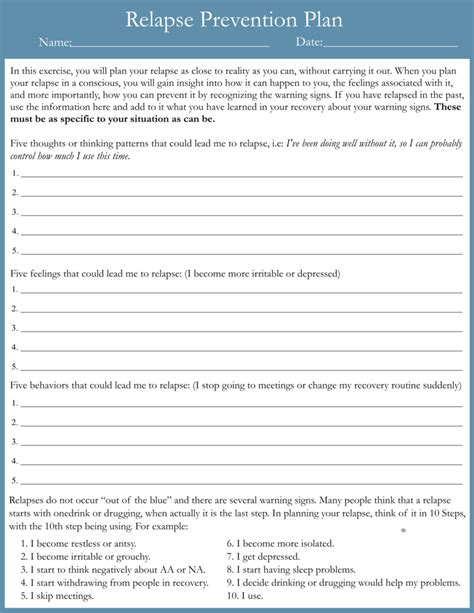 Printable Relapse Prevention Worksheets Plan And Template Printerfriendly