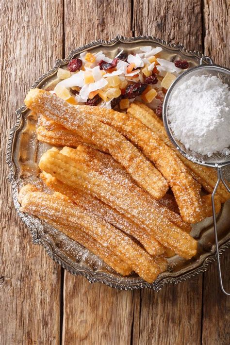 Delicious Churros Sticks Deep Fried In Paper Bag With Powdered Sugar