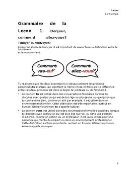 FSF1P FSF 1D Core French Unit 1 Lesson 1 Of 5 Grammaire TPT