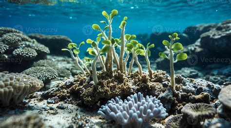 Coral replanting in a marine ecosystem focusing on new coral growth and
