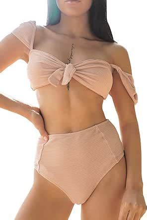 Amazon Cupshe Women S Nude Bowknot Front High Waisted Bikini Two Piece Swimsuit Xl