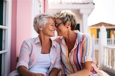Premium AI Image Senior Gay Lesbian Couple Kissing Outside LGBTQ Aged Tourists Having Tender