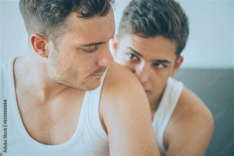 Gay Couple Lying In Bed Hugging Men Couple Having Problems Sad Emotion LGBT Homosexual