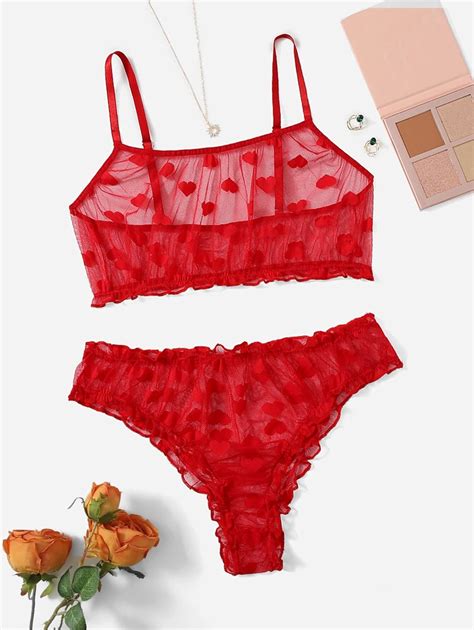 Pure Desire Plus Heart Pattern Sheer Mesh Lingerie Set Shein Usa