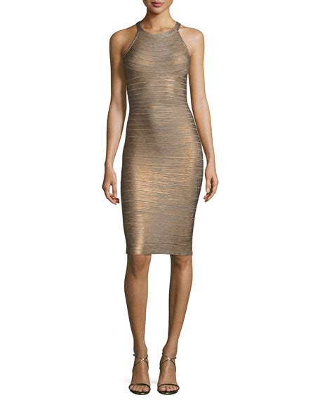 Herve Leger Sleeveless Metallic Halter Bandage Dress Bronze Combo