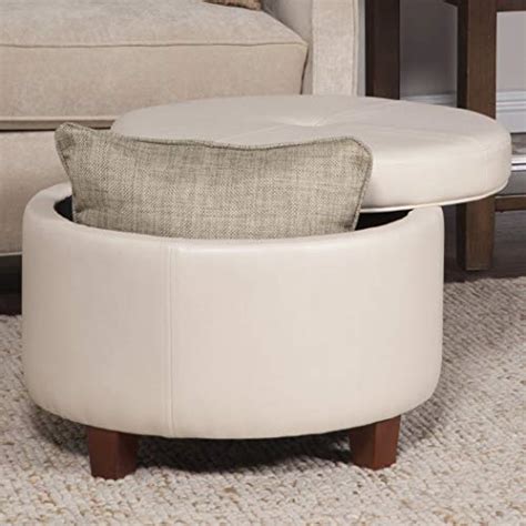 Homepop Round Leatherette Storage Ottoman With Lid Ivory Beachfront