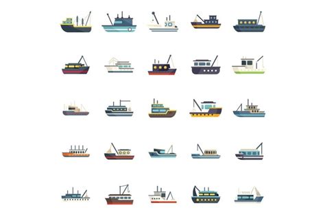 Fishing Boat Icons Set Flat Vector Cargo Marine 2367550