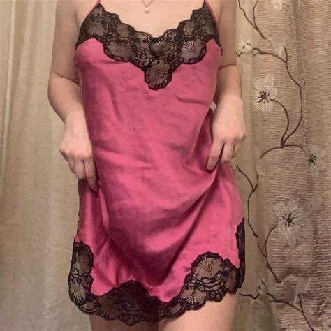Hot Pink Satin Slip Dress With Black Lace Depop