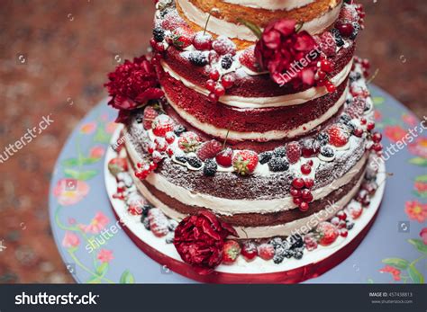 Naked Wedding Cake Decorated Berries Strawberries Stock Photo 457438813 Shutterstock
