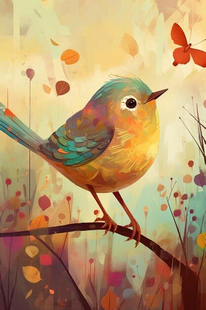 Premium Photo | A painting of a bird with yellow and blue feathers.