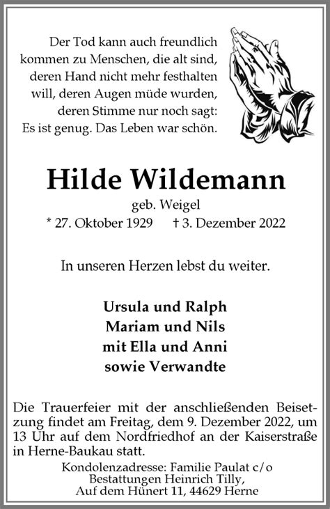 Traueranzeigen Von Hilde Wildemann Trauer In NRW De