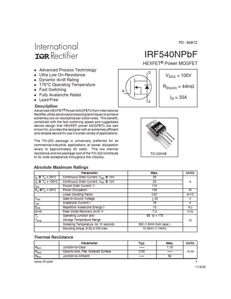 IRF540N MOSFET Pinout Datasheet Application Explained