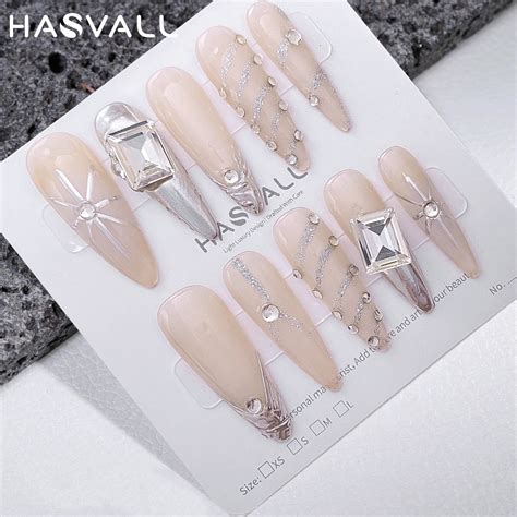 HASVALL Long Stiletto Handmade Press On Nails Nude Luxury Sliver Full Cover False Nail Charm