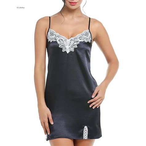 Hot Sexy Nightgown Lingerie Fashion Lace Patchwork Nightdress Women Strap Scalloped Satin