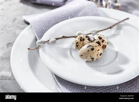 Quail Eggs And Pussy Willow Twig On Plate As Decor For Easter Table Setting Stock Photo Alamy