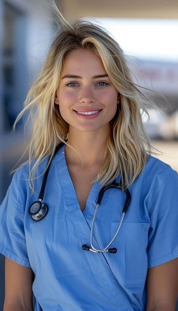 Premium Photo Beautiful Blonde Nurse In Blue Scrubs