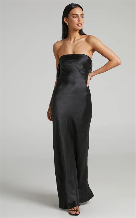 Charlita Strapless Cowl Back Satin Maxi Dress in Black | Showpo