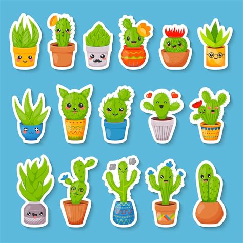 Premium Vector Set Of Cute Cartoon Cactus And Succulents Stickers