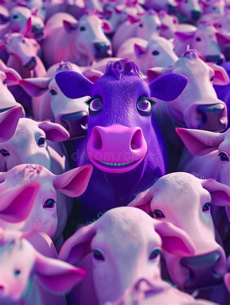 A Purple Cow Is Standing In A Crowd Of White Cows Stock Photo Image