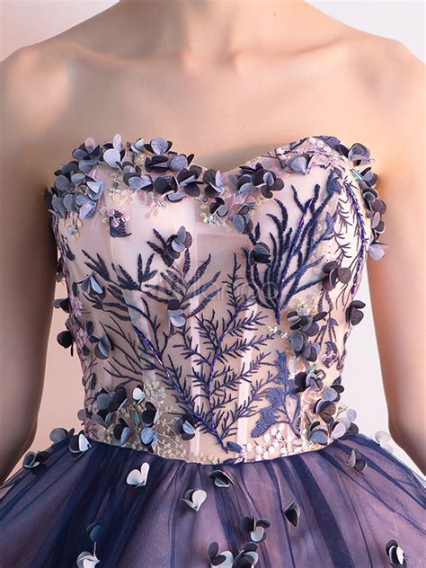 Tulle Prom Dress Embroidered 3D Flower Cocktail Dress Plum Strapless