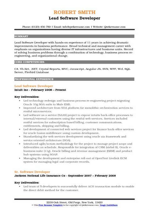 Lead Software Developer Resume Samples Qwikresume