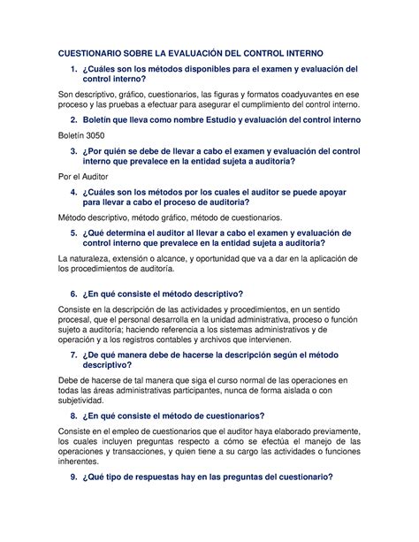 Cuestionario Sobre LA Evaluación DEL Control Interno CUESTIONARIO