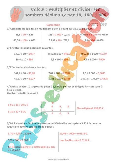 Multiplier et diviser les décimaux par 10 100 1000 Exercices