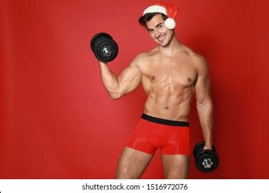 Sexy Shirtless Santa Claus Dumbbell On Stock Photo 1525957859